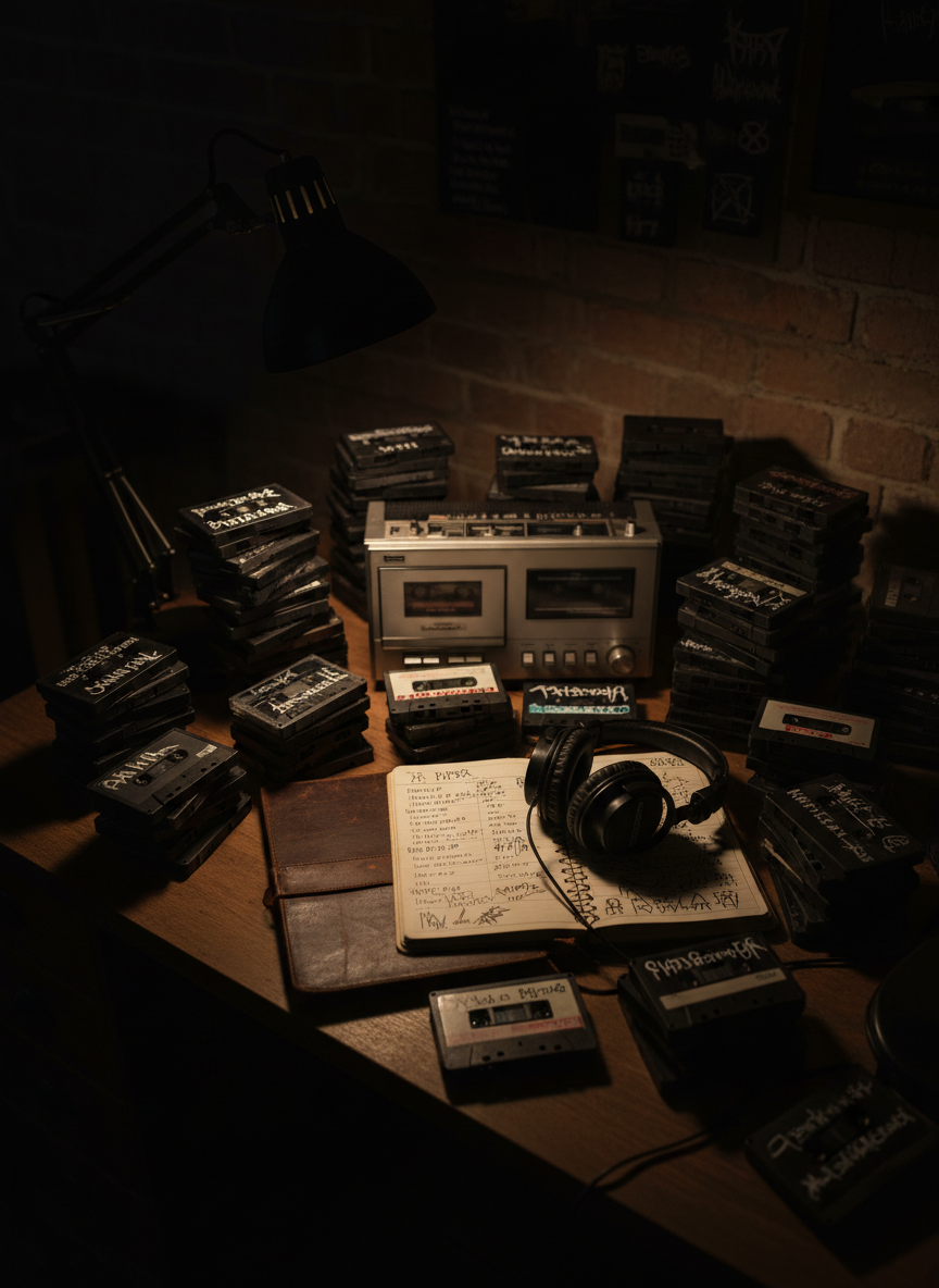 A cluttered wooden desk in a dimly lit room, dominated by a vintage cassette deck and stacks of unlabeled black demo tapes with handwritten band names in aggressive lettering. A battered leather notebook lies open, filled with scribbled tracklists and arcane symbols, beside a pair of heavy, closed-back studio headphones with worn padding. The only light source is a single desk lamp with a metal shade, casting a focused, warm cone of light that falls dramatically across the tapes and notebook, leaving the background in deep shadow. Photographic realism, shot from an overhead three-quarter angle, with sharp focus on the center objects and gentle falloff at the edges. The mood is secretive, obsessive, and deeply underground, like a curator cataloging lost metal treasures.