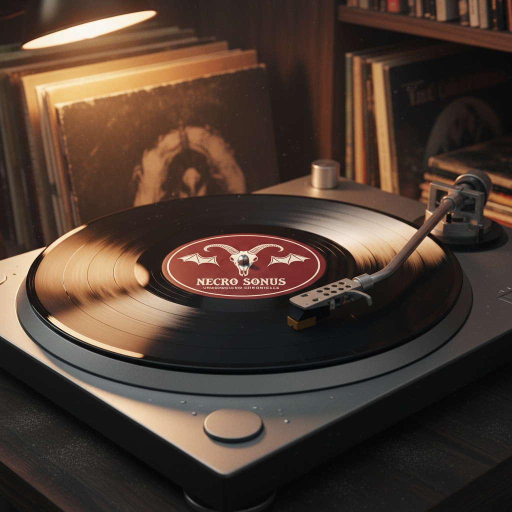 A close-up, photographic view of a spinning black vinyl record on a heavy, brushed-metal turntable, the needle delicately biting into the groove. The record label features a minimalist, occult-inspired rock emblem in deep crimson and bone white. Around the turntable, shelves of well-worn album jackets in muted tones loom in soft focus, bathed in low, tungsten lamp light. The scene is set on a dark wood surface lightly dusted, hinting at age and obsession. Shot from a slightly elevated angle, the motion blur of the spinning vinyl contrasts with the razor-sharp stylus. The mood is intimate, nostalgic, and slightly ominous, evoking secret listening sessions discovering underground metal gems.