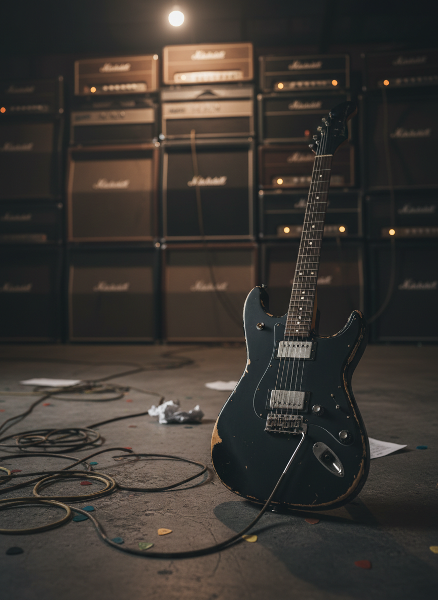 A heavily used black electric guitar with worn matte finish, chipped edges, and dulled chrome hardware resting upright against a towering wall of vintage tube amplifiers and speaker cabinets. Coiled, tangled cables snake across a scuffed concrete floor, scattered with setlists and crumpled picks. Dim, moody studio lighting comes from a single overhead bulb and the soft amber glow of amp pilot lights, casting long, dramatic shadows. Photographic realism, shot at eye level with a slightly wide lens, shallow depth of field isolating the guitar while the amps dissolve into a soft blur. The atmosphere feels dark, mysterious, and reverent, like a shrine to rock culture and forgotten riffs.